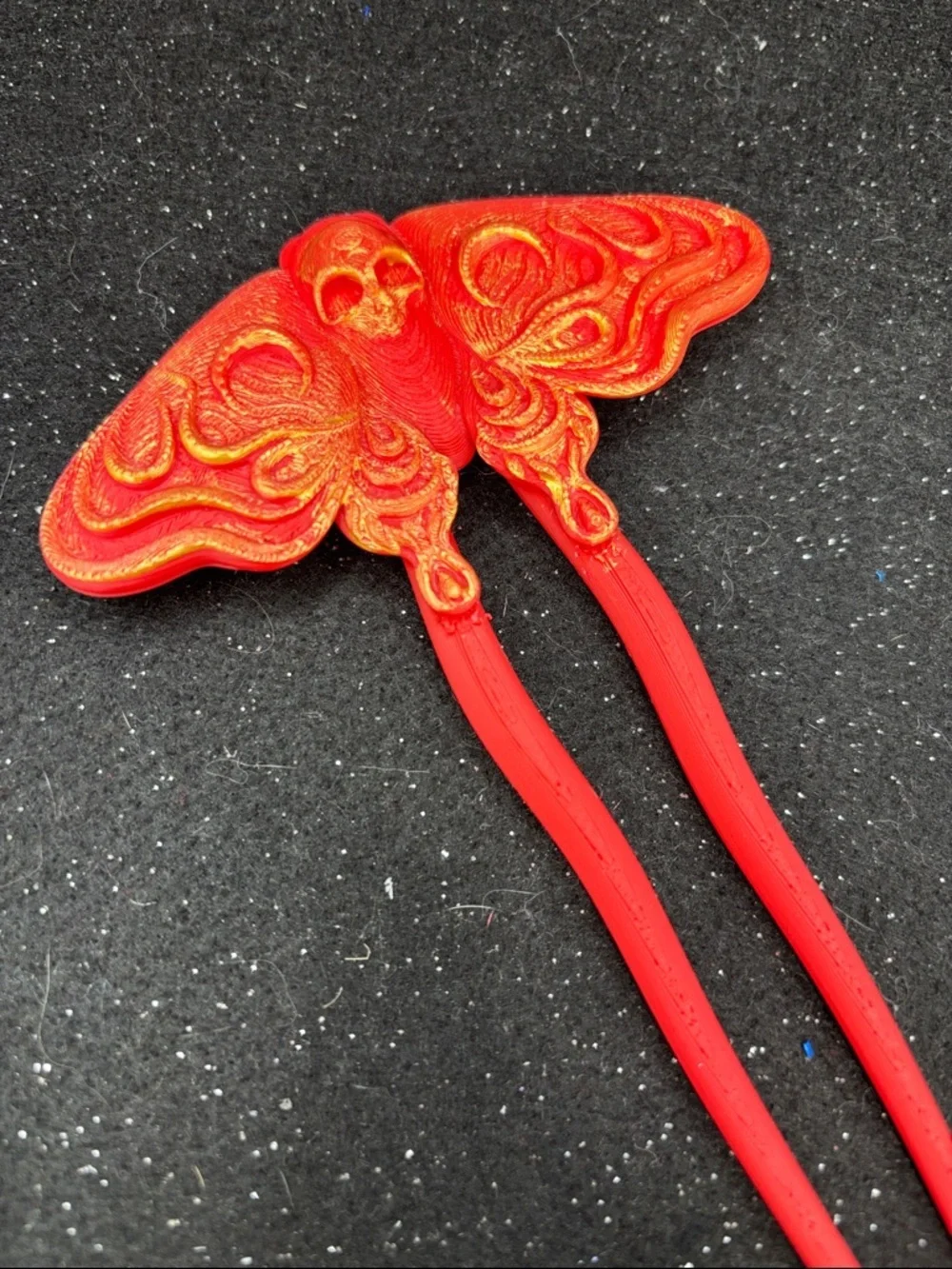 Skull Moth Hair Pin | Hand Painted Red & Gold Gothic Hair Pin